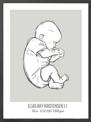 Postersbyus børneplakat Grov / Firkant / Grå Birth poster / fødselsplakat 1:1 - Fosterstilling lyserød